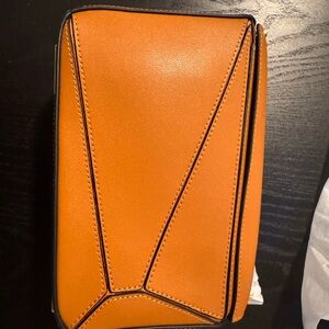 Camel Calfskin Leather Crossbody Shoulder Bag w Top Handle